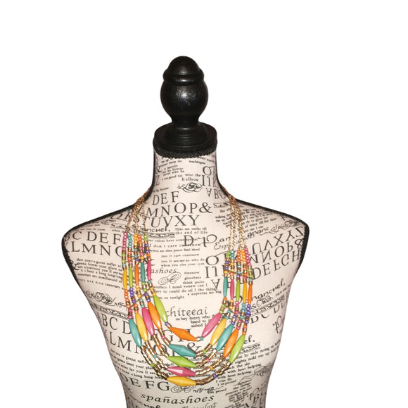 Multicolor 5-tier Statement Necklace Gold Tone 26.5" Pretty Spring  Summer - Picture 7 of 8